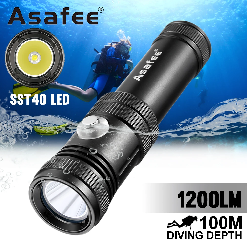 

Подводный фонарь Asafee AF40 SST40 LED с индикатором заряда, 4 режима, глубина погружения 100 м, компактный, водонепроницаемый