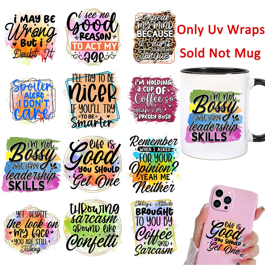 12pcs Color Funny Sarcastic Quote Sassy UV DTF Cup Wrap Transfer Sticker Glass Coffee Mugs Greeting Cards Decal Gift Decor