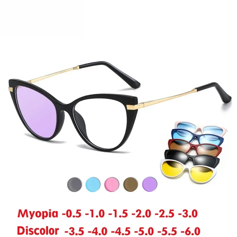 

KIZN очки для близорукости «кошачий глаз» обесцвечивают фиолетовую оправе женские солнцезащитные очки с магнитным зажимом по рецепту очки на заказ диоптрии от -0,5 до -10