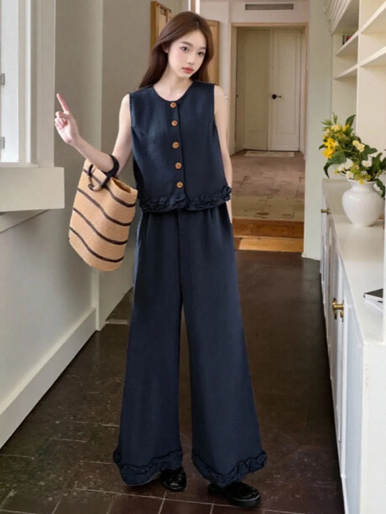 

SMTHMA French Temperament Two-Piece Set For Women 2025 New Summer Vintage Style Ruffled Wide Leg Pants Casual 2 Piece Outfits