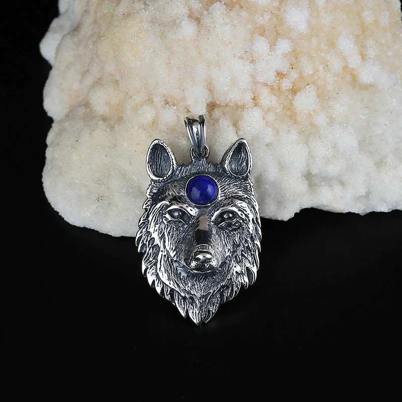 1pcs Fashion natural stone Lapis Lazuli Carved Silver Wolf Head Pendant for jewelry making 41x27x12mm,14.9g