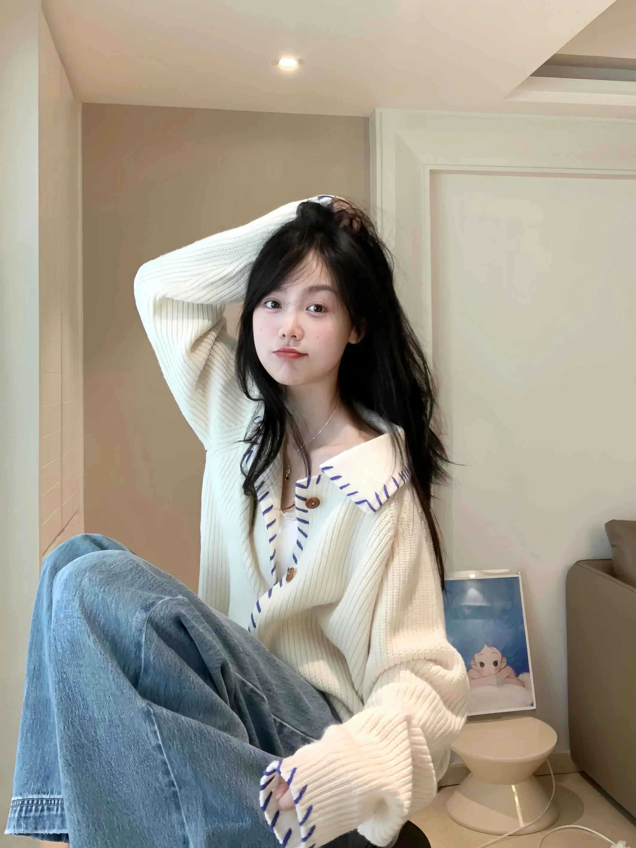 

Женские весенние кардиганы и свитеры с мехом, в полоску, с изысканным воротником, свободного кроя, с изогнутым контуром, однотонные, удобные, модные, с принтом, с воротником-стойкой, пушистые, в стиле Moricore, для офиса