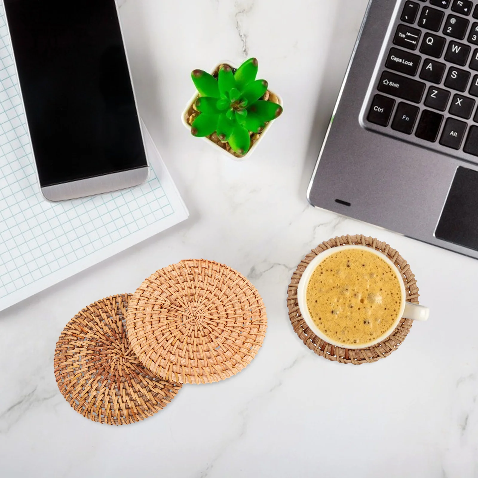 

6Pcs Rattan Coasters 10Cm Fine Weave Tea Cup Pads Scratch Proof Drink Protectors for Home Party Event Use Wooden Set