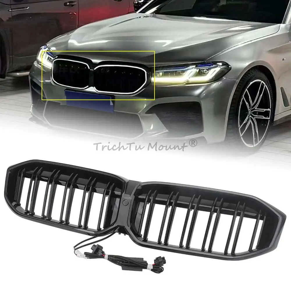 

For BMW 3 series G20 G21 Facelift(LCI only) 2023-2024 Glossy Black Front Grill Grille with Lights double-layer grille style