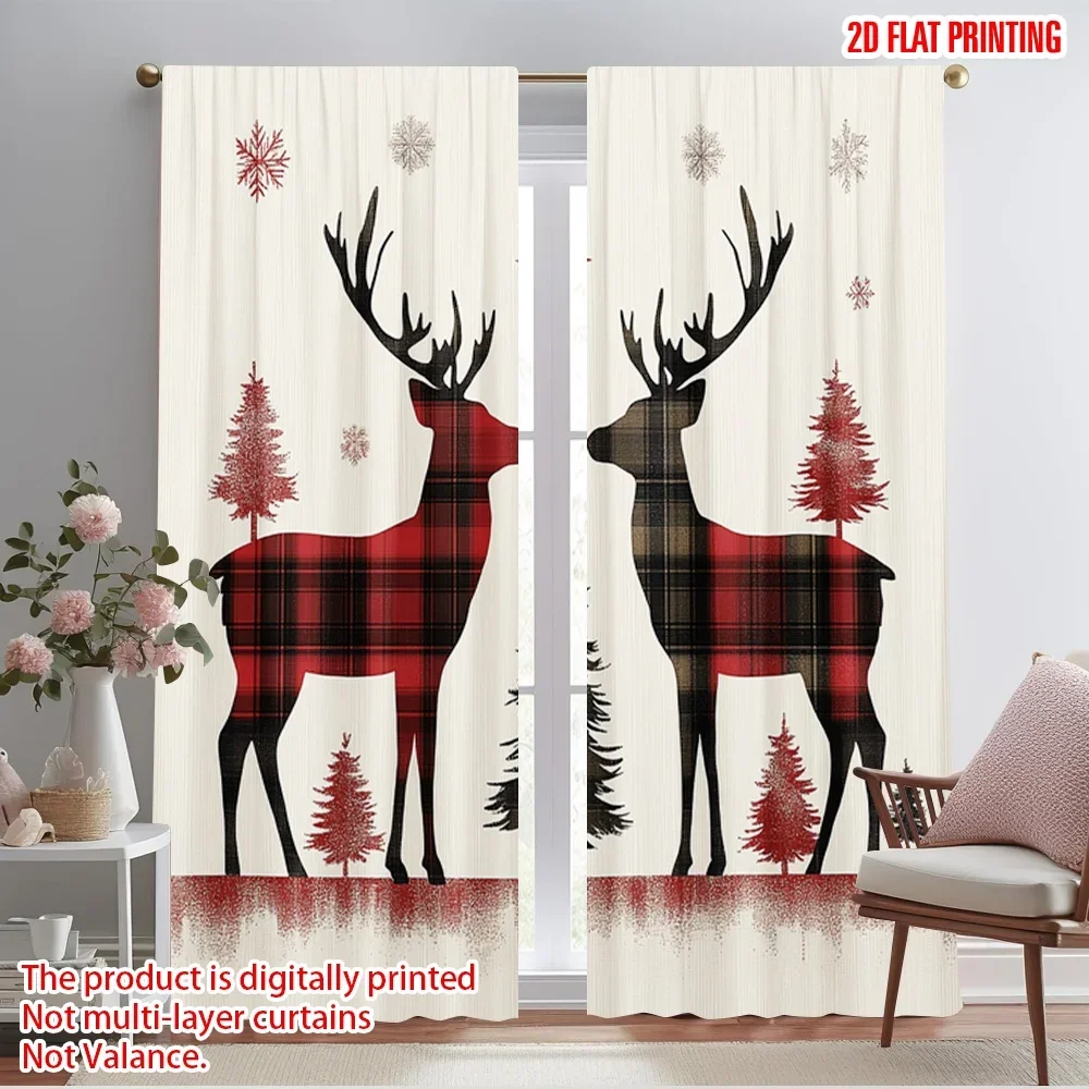 2pcs,2D plane printing Contemporary Curtains Buffalo Plaid Reindeer Snowflakes (4) Durable Polyester (without rod) Holiday