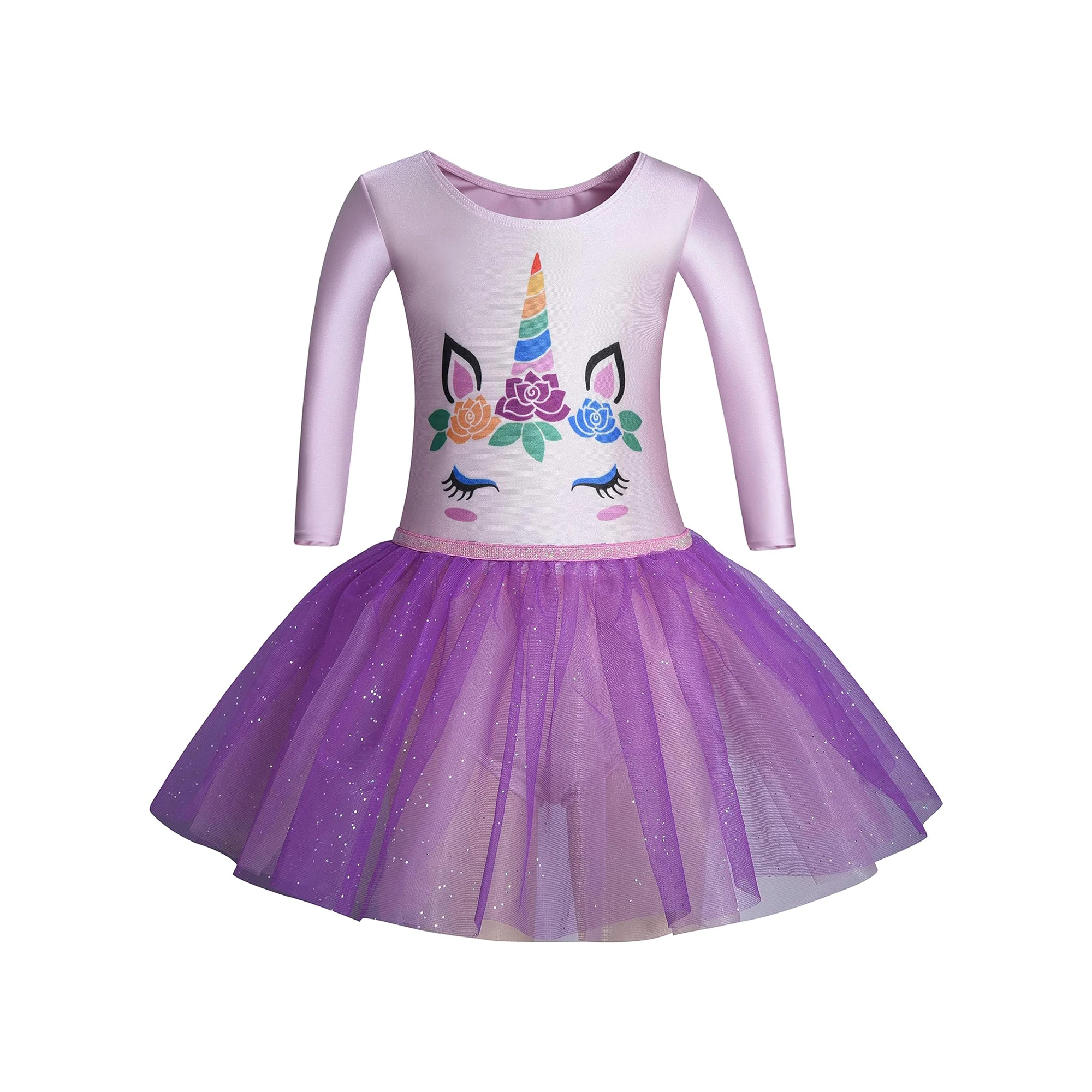 Girls’ 3/4 Sleeve Leotard Dance Ballet Dress Kids’ sparkle Tutu Skirt and Waistband