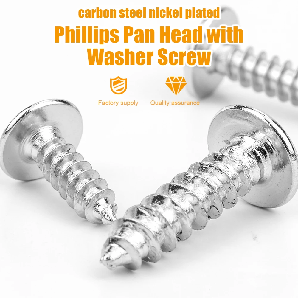 JUIDINTO 30-100pcs Phillips Pan Head Self-Tapping Screw with Washer M1.2-M5 Nickel Plated Cross Wood Screw for Sheet Metal