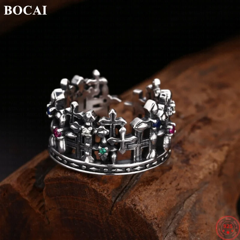 

BOCAI S925 Sterling Silver Rings for Men Retro Cross Shaped Castle Pattern Inlaid Zircon New Fashion Punk Jewelry ﻿Wholesale