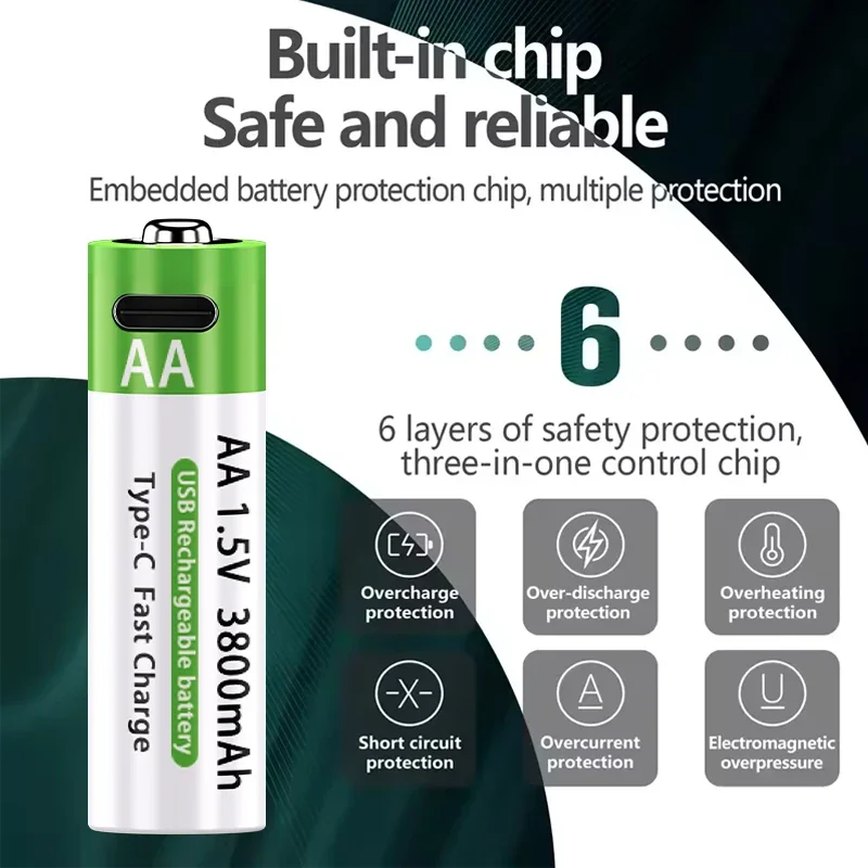 LIKEKALA بطاريات ليثيوم أيون AA قابلة للشحن USB ليثيوم أيون 3800 مللي أمبير 1.5 فولت AA بطاريات قابلة للشحن + كابل بيانات وصندوق تخزين