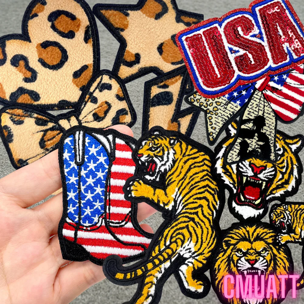 UAS Boots Tiger Lion Animal Leopard Star Iron on Small Emblem Thermoadhesive Sequin Embroidery Patches Applique for Clothes Hats