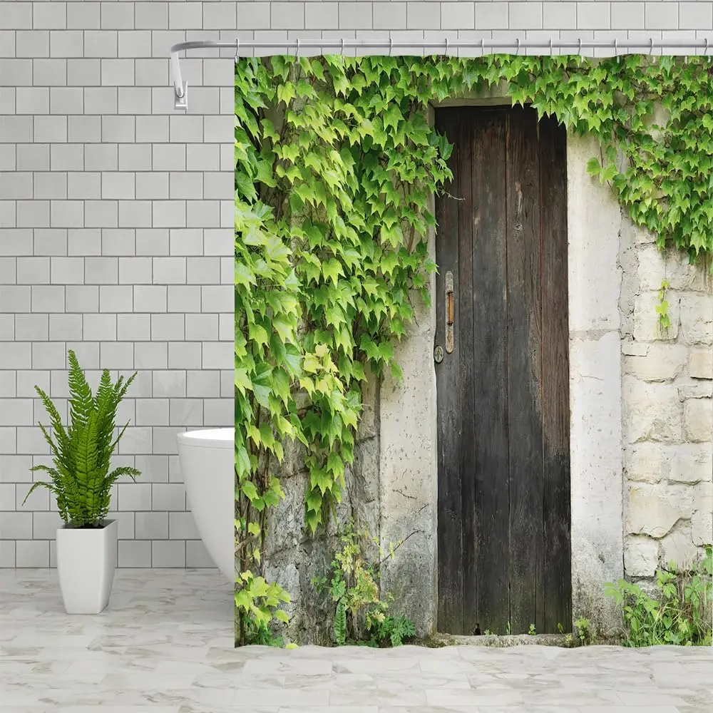 Stone House Landscape Shower Curtains Vintage Barn Wooden Door Green Leaves Vine Plants Spring Scenery Polyester Fabric Bathroom