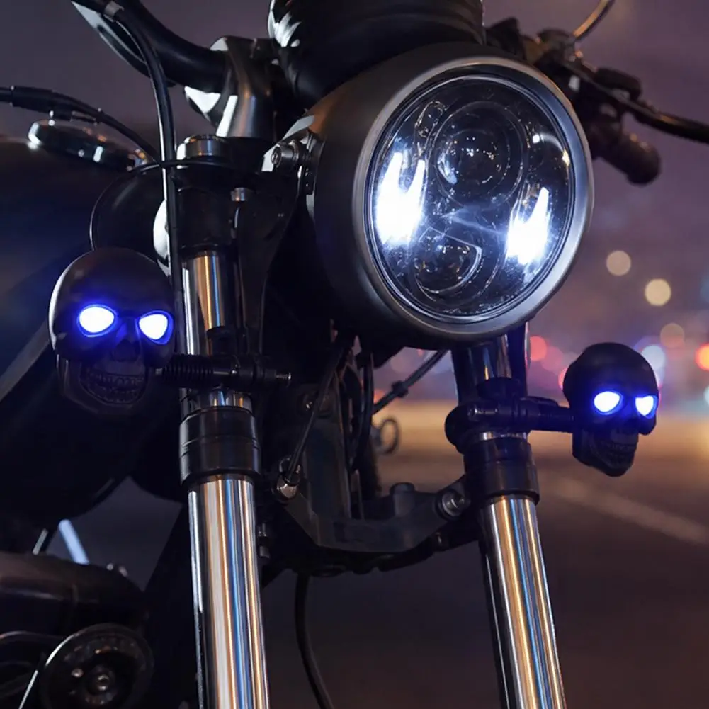 12V LED Skull Head Motorcycle Turn Signal Lights Universal Amber White Dual Color Blinker Lamp For Chopper Cruiser
