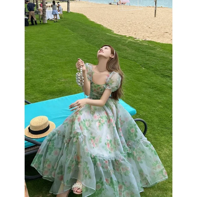 Vacation style long dress, forest chic and beautiful dress, waist cinched French  print  vestidos de mujer  vestidos