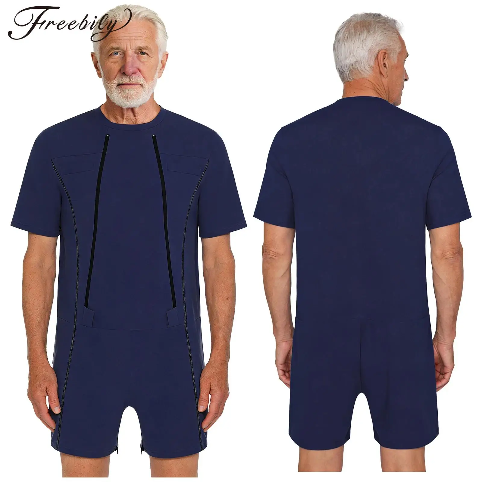 

Men Special Needs Adaptive Clothing Short Sleeve Zipper Anti-Strip Jumpsuit Homewear Sleepwear for Elderly Alzheimer Dementia