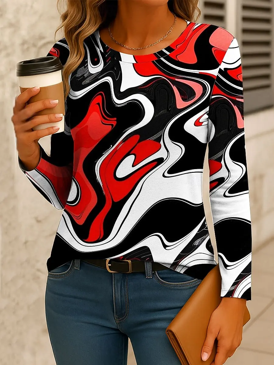 

Women's T-shirt 3D elegant intellectual marble print fashionable long-sleeved round neck regular top holiday spring and autumn