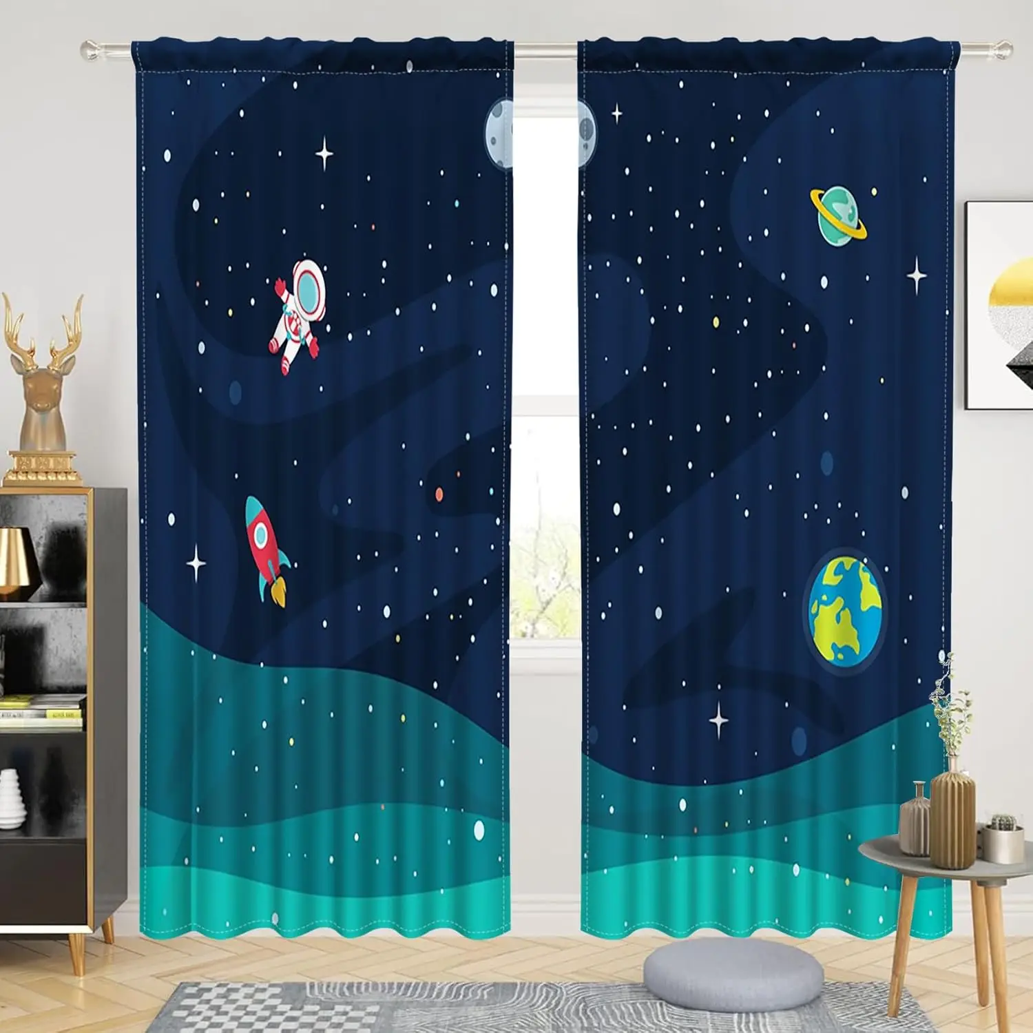 Cartoon Space Blackout Curtains for Kid Boy Bedroom Study Game Room Rocket Planet Solar System Blue Linen Window Treatment