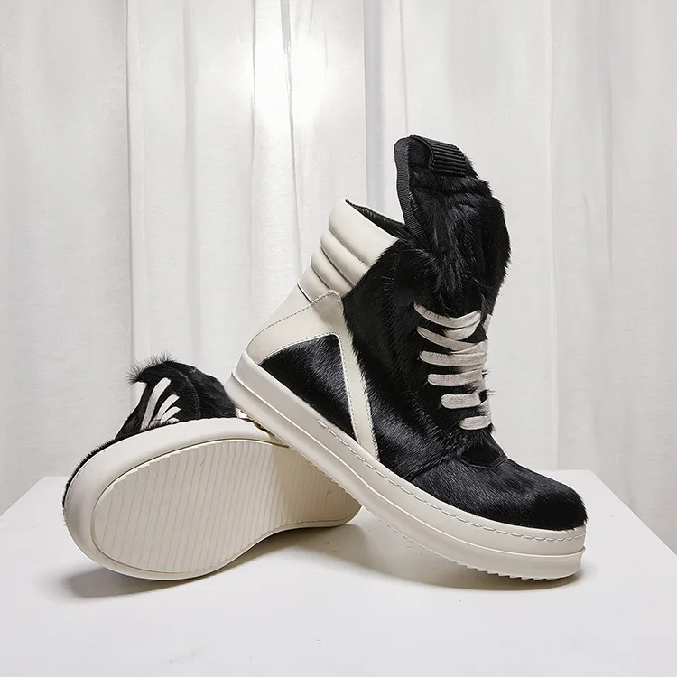 High Street Brand R0 Horsehair Sneaker Men Lace-up Board Thick Soled High Top Round Toe Women Shoes