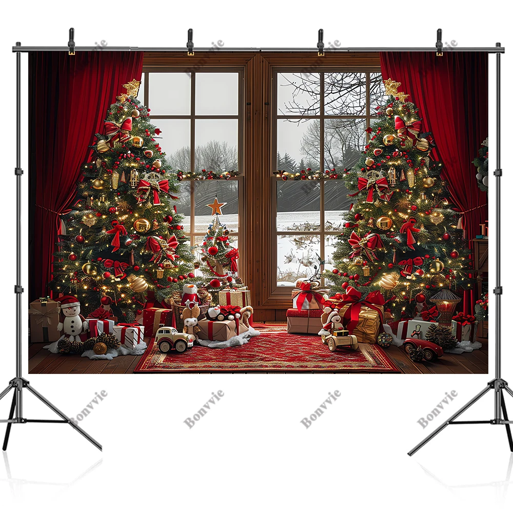 Bonvvie Merry Christmas Photography Backdrop Winter Xmas Tree Fireplace Decor Holiday Party Kid Adult Portrait Photo Background