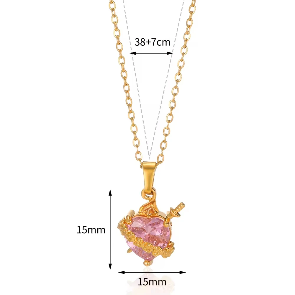 Pink Heart Zircon Necklace Gold Color Stainless Steel Cupid Eros Arrow Heart Pendant Necklace Korean Fashion Jewelry Party view 6