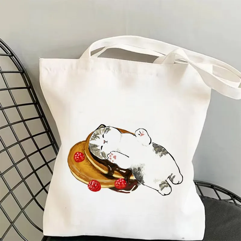 Bolso de lona inspirado en la creatividad de los gatos lindos y la comida, bolso ecológico para gatos pequeños, bolso de hombro informal para ir de compras, viajes de oficina