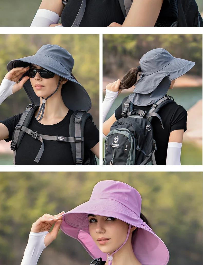 Sommerhut für Damen, Outdoor UV-Schutz für den Hals, Sonnenblende für Herren, Angeln, Wandern, breite Krempe, Schal, Sonnenschutz, Pferdeschwanzkappe, undefiniert – Detail 7