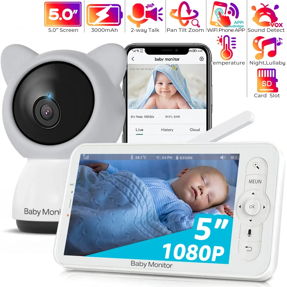 HD WiFi Baby Monitor with APP,5-inch 720P Display,Pan Tilt Zoom 1080P Baby Camera,Night Vision,2-Way Talk,3000mAh Battery,1000ft