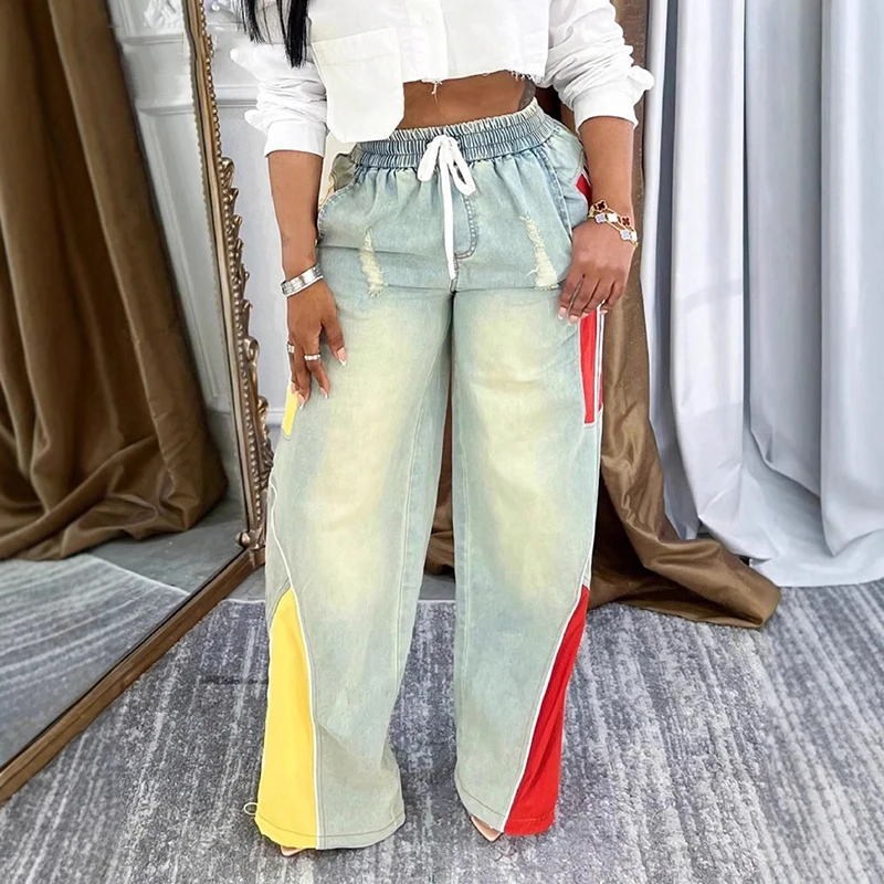 

Women Straight Drawstring Waist Wide Leg Pants Jeans Denim Patchwork Slight Strech Sporty Holiday Jogger Sweatpants Trousers