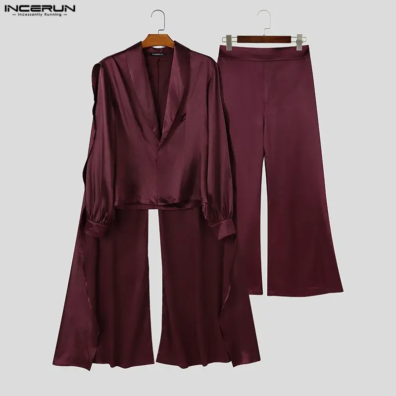 Ensemble pour hommes INCERUN, chemise à manches longues en satin uni avec col en V et pantalon taille haute, ensemble deux pièces, style streetwear, ensemble décontracté assorti.