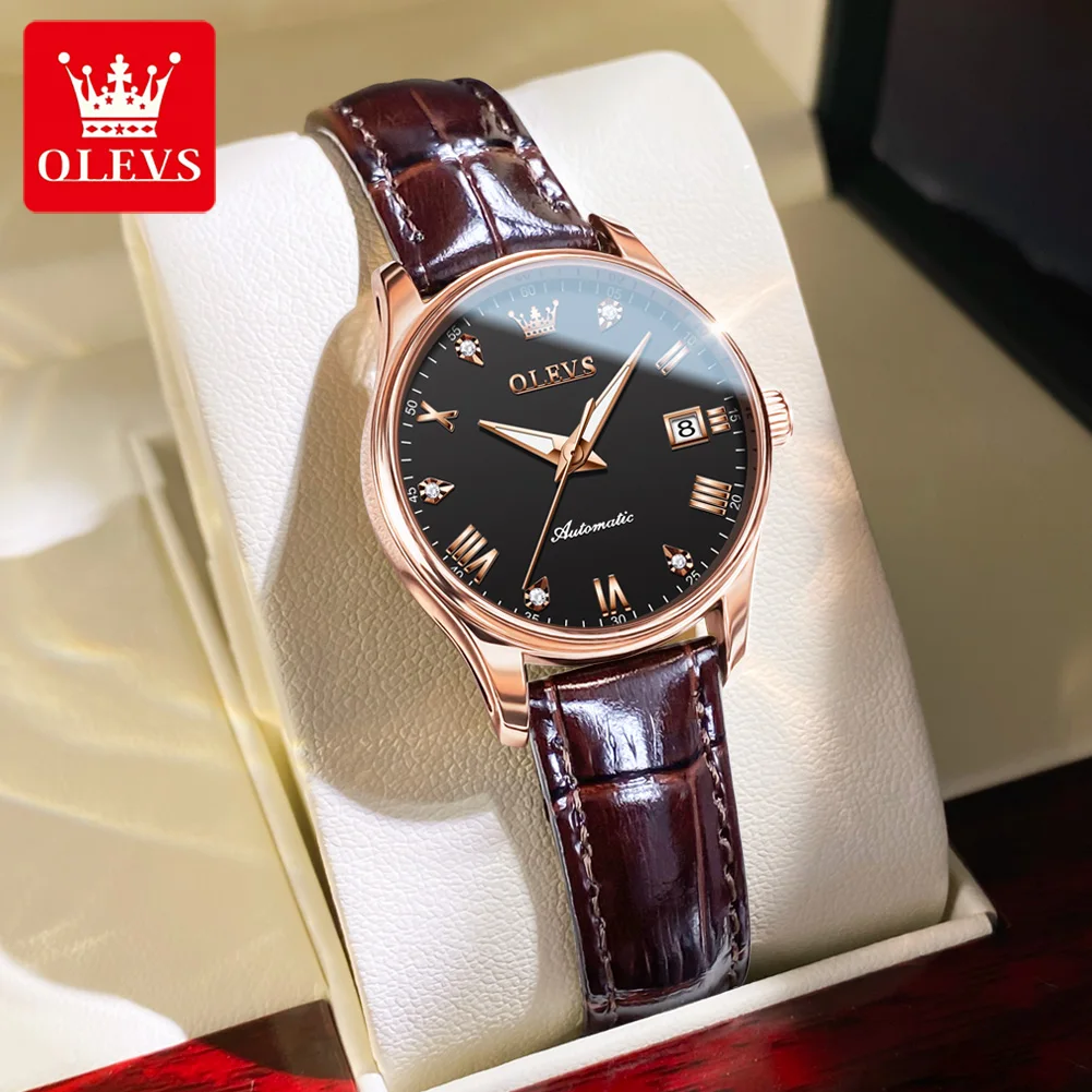 OLEVS Brand New Fashion Mechanical Watch for Women Luxury Genuine Leather Waterproof Date Wristwatch Ladies Relogio Feminino