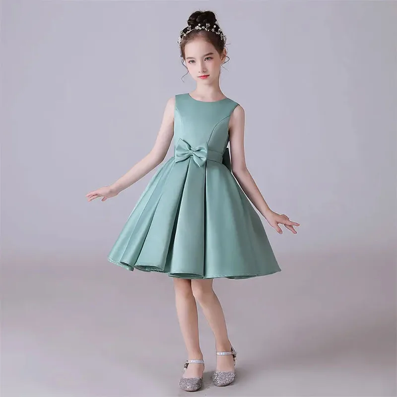 KYDYNQJ Customized Dress For Girl O-Neck Sleeveless Satin Bow Flower Girl Dresses Kids Short Birthday Formal Princess Gowns