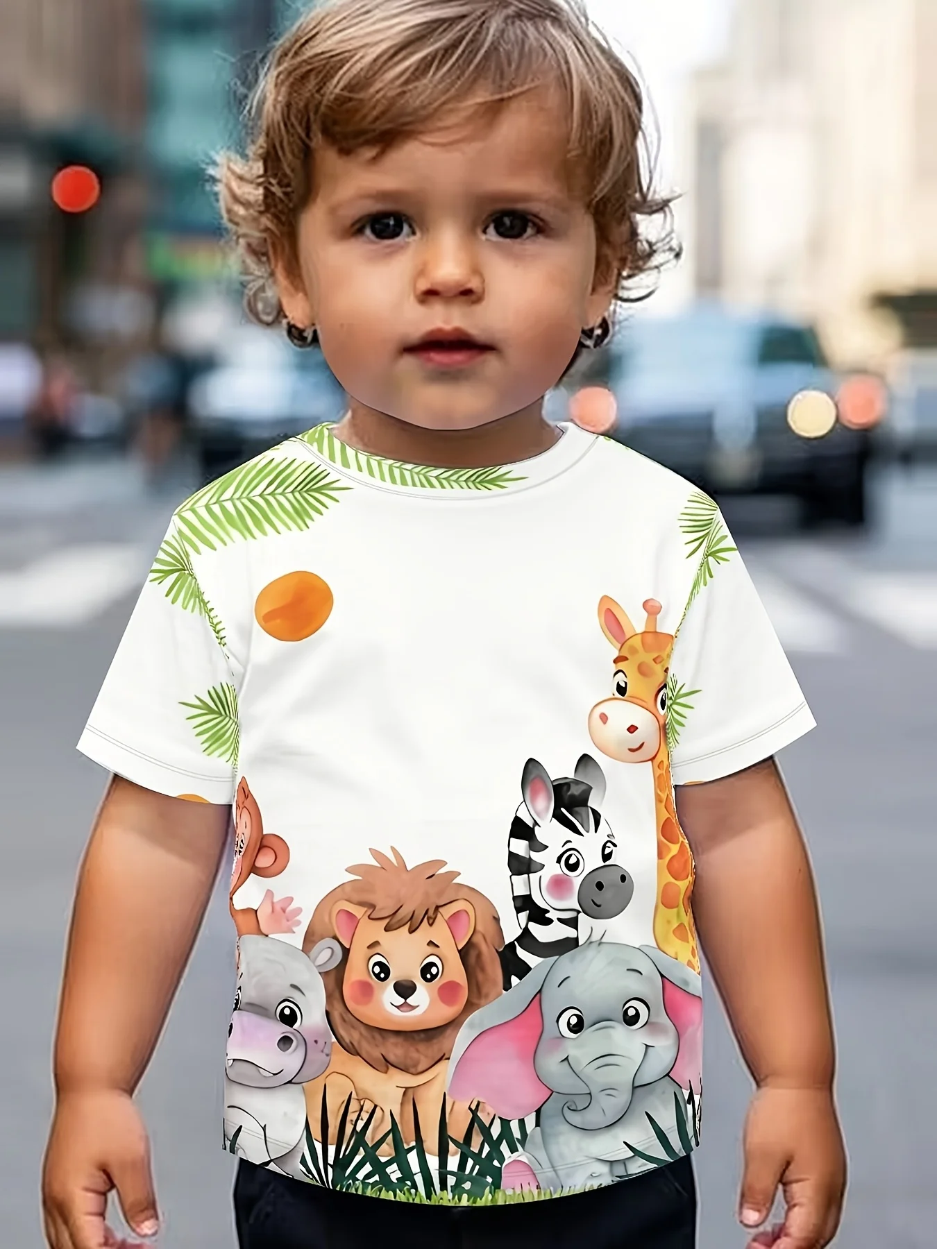 Cartoon animal print t-shirt with soft polyester blend short sleeves, jungle design, breathable summer casual top, fast shipping