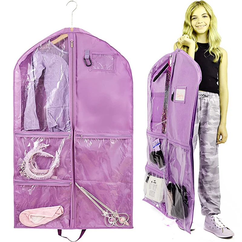 Gusseted Travel Garment Bag with Accessories Zipper Pocket Suit Garment Cover for Shirts Dance Dresses Dance Costume Bags Purple