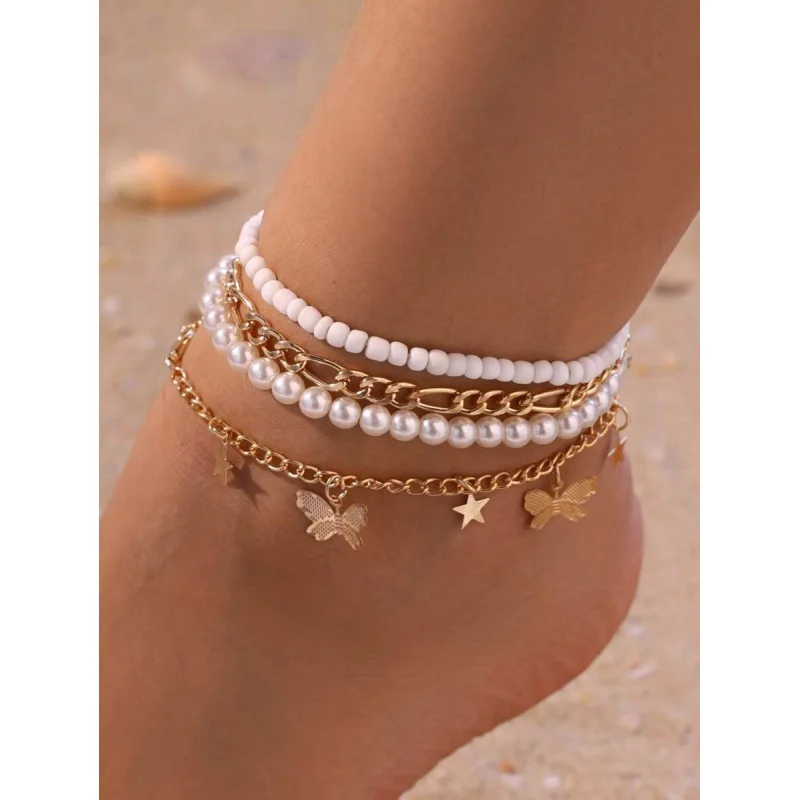 4pcs Cute Beach Anklet Set – Rice Bead, Faux Pearl & Butterfly, Sweet Summer Jewelry.