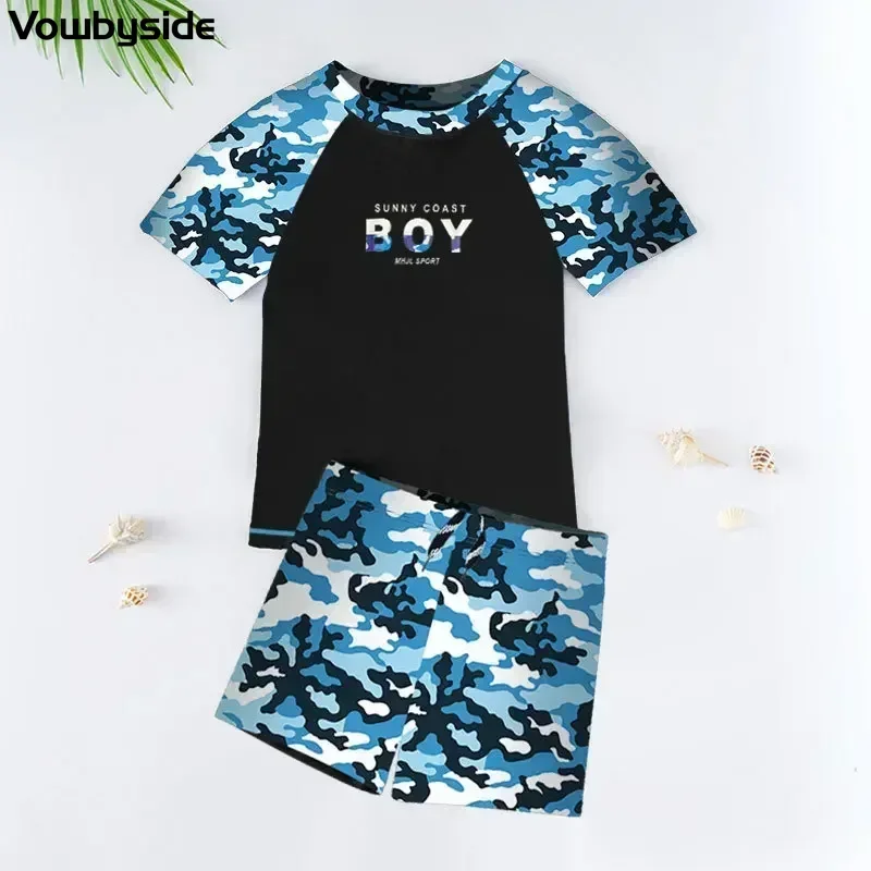 

3-12Y Boys Swimsuit Two-Piece Wetsuit Short Sleeved Kids Beach Wear Quick-drying Swimwear