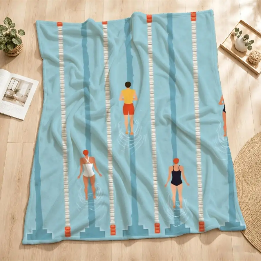 Minimalist Swimming Pool Flannel Throw Blanket - Soft Warm Weighted Bedspread Suitable for Couch, Bed, Office & Travel, Machine Washable Pool Lane Design with Swimmers, Gift for Sports Lovers, - Cozy Blanket for, 2D Flat