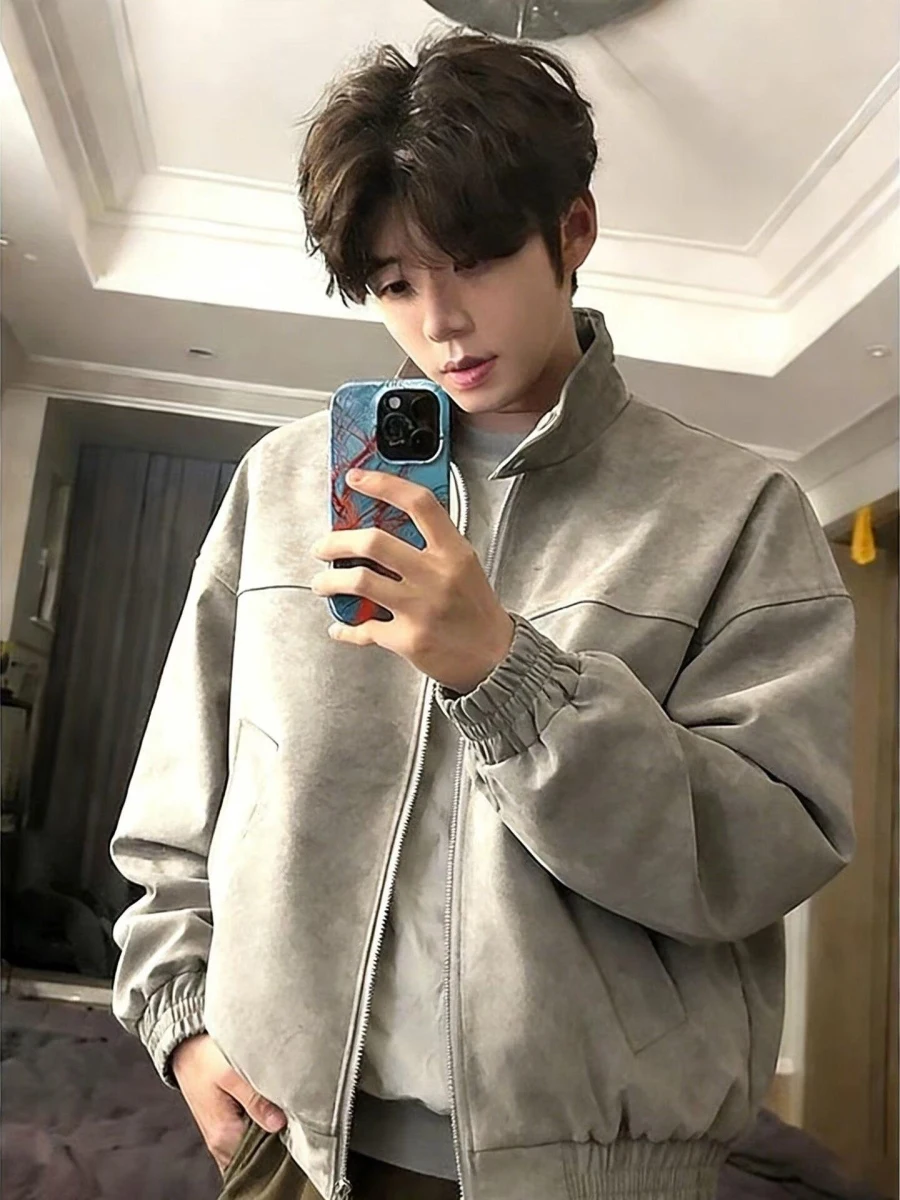 

ay Dyed Leather Jaet ex Spring Autumn Boxy High Street Cool Harrington Stand Collar Motorcycle Sle Outerwear