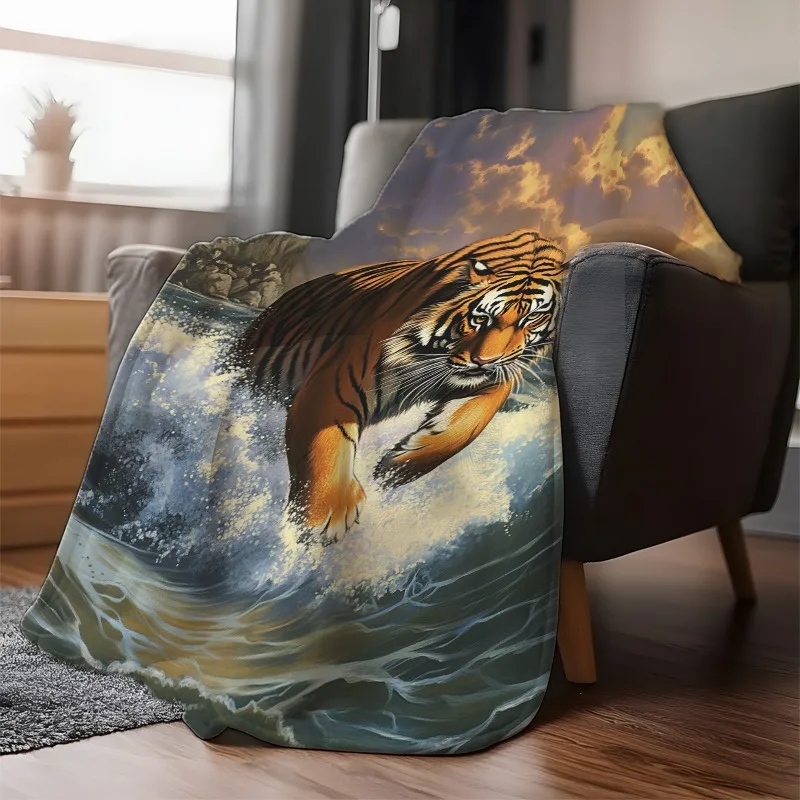 1pc Realistic Tiger Chasing Waves Sunset Blanket - Orange & Black Tiger, Soft Flannel-like Texture All-Season Indoor Outdoor