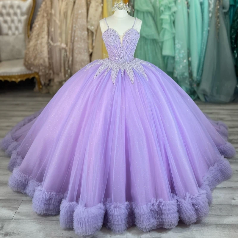 

Лавандовое блестящее бальное платье Quinceanera платья на тонких бретельках с бисером и кристаллами многоуровневое тюлевое платье для вечеринки, дня рождения, сладкое платье 16, Vestidos