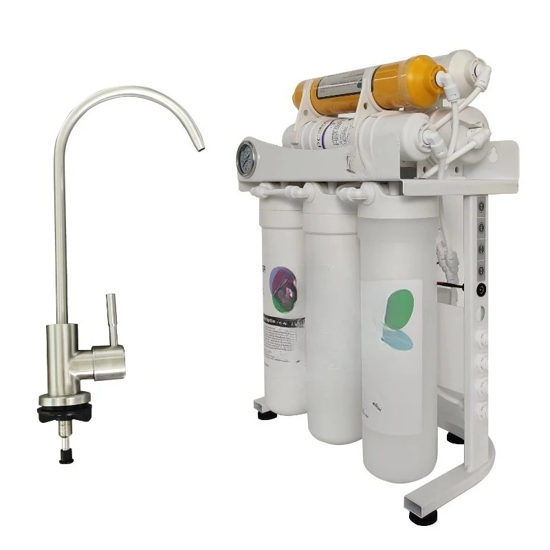 Household electric water purifier with 75 GPD reverse osmosis membrane and convenient cartridge replacement