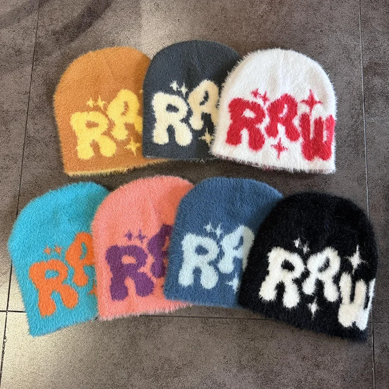 2024 Y2K Letter Cute Cold Beanies Man Fluffy Plush Caps for Men Women Auutmn Winter Edgy Knit Hip Hop Keep Warm Ear Caps Male