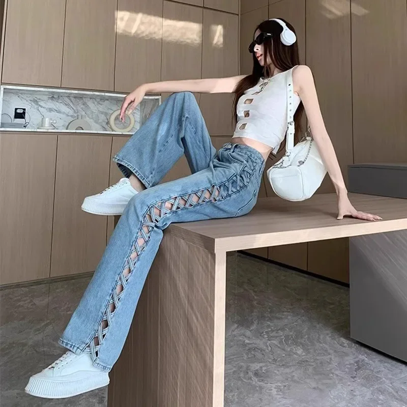 

American Style Hollow Wide-Leg Jeans Women'S High-Waisted Slimming Versatile Thin Design Sensibility Spring Summer 2025 New