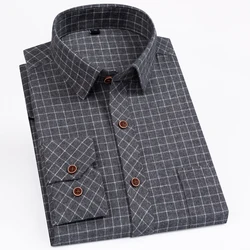 Men's Plaid Checkered Long Sleeve Casual Brushed Shirts Single Patch Pocket Fashion Chemise Homme Standard-fit Striped Shirt