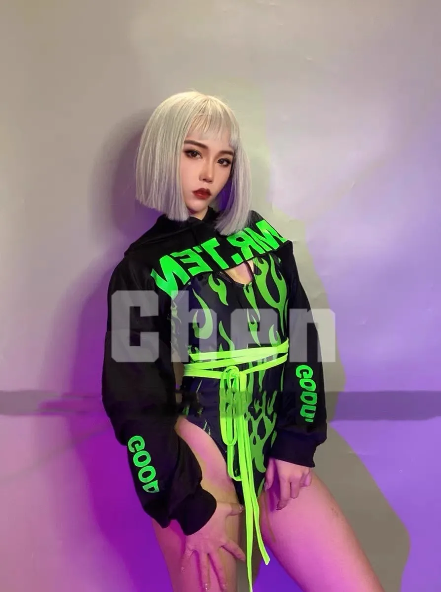 Bar Gogo Nightclub Girl Group Sports Hoodie+Green Flame Bodysuit Outfits Party Theme Singer Dance Stage Club Nightclub Rave Wear