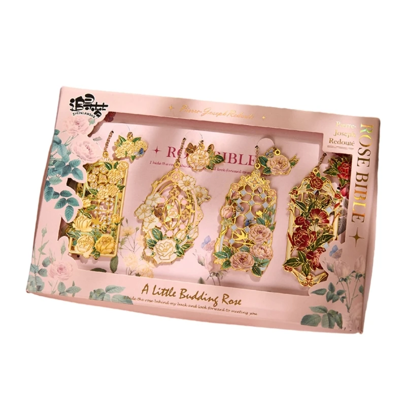 4Pcs Flower Pendant Bookmarks with Chain, for Book Lover Reader Teacher