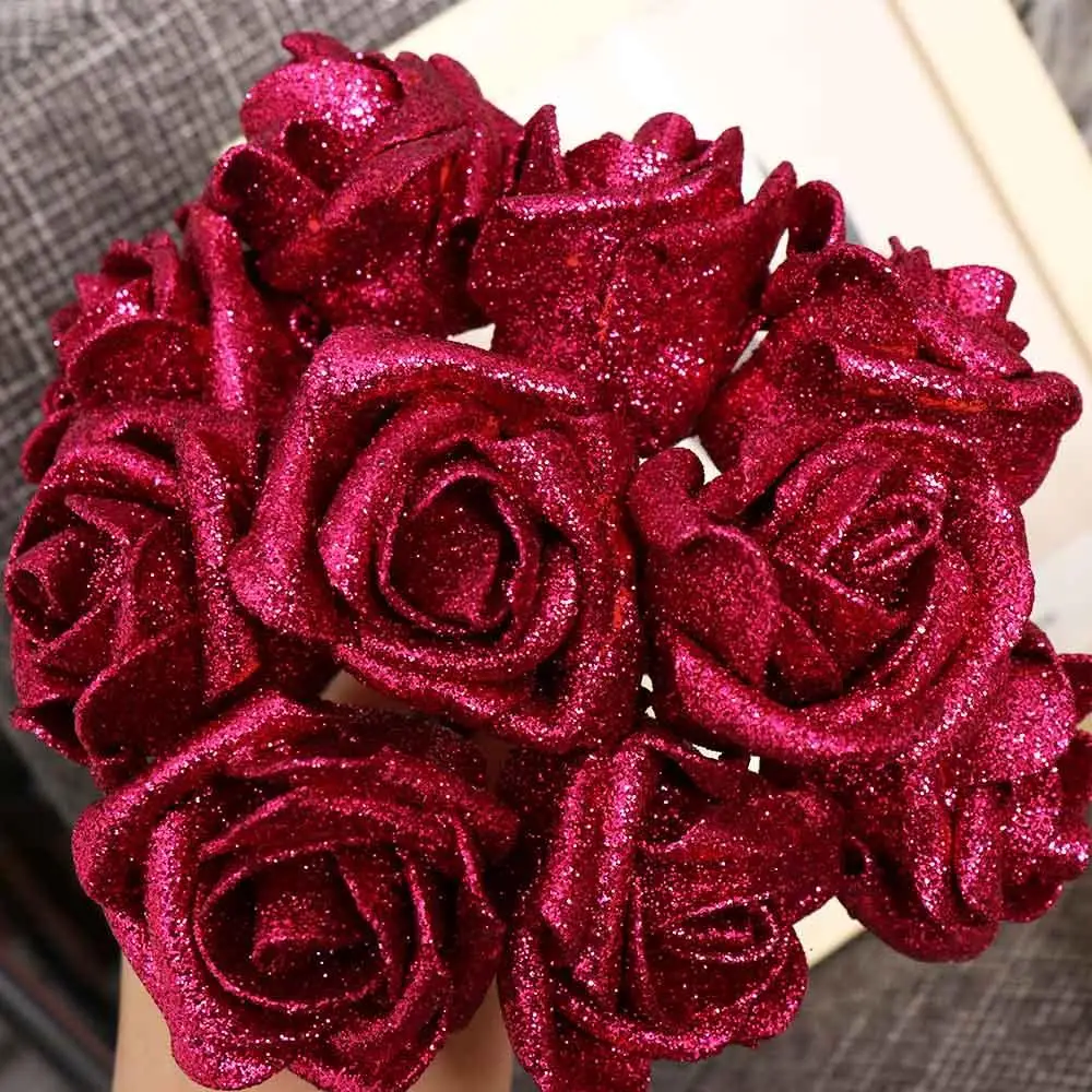 DIY Wedding Party Decor Blue Roses with Glitter Powder Foam Roses Artificial Flowers Decoration Artificial Roses