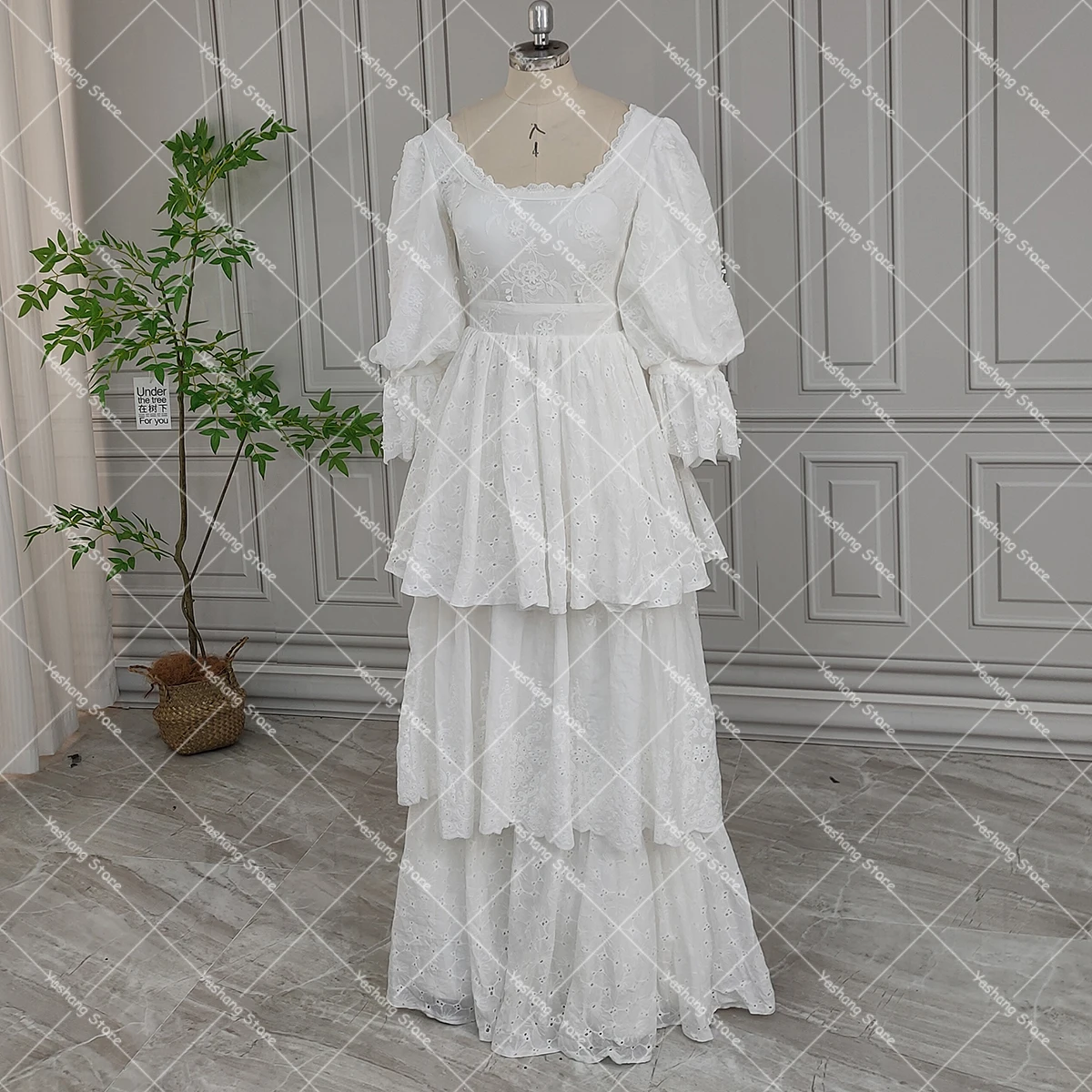 Vintage Square Neck Cotton Blend Wedding Dress Long Puffy Sleeves Real Photos Layered Cutout Lace Customized Bridal Gowns