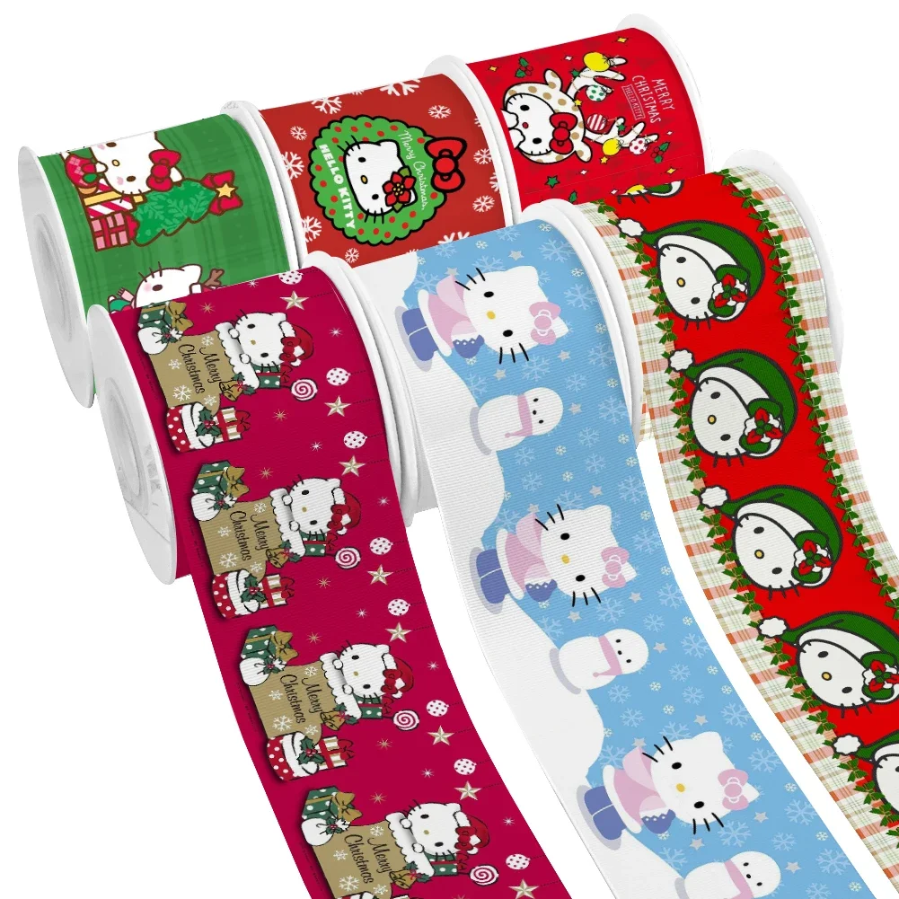 Christmas Theme Sanrio Cartoon Hello Kitty Pattern Printed Grosgrain Satin Ribbon for Gift Wrapping Hair Bow Craft 50 Yards