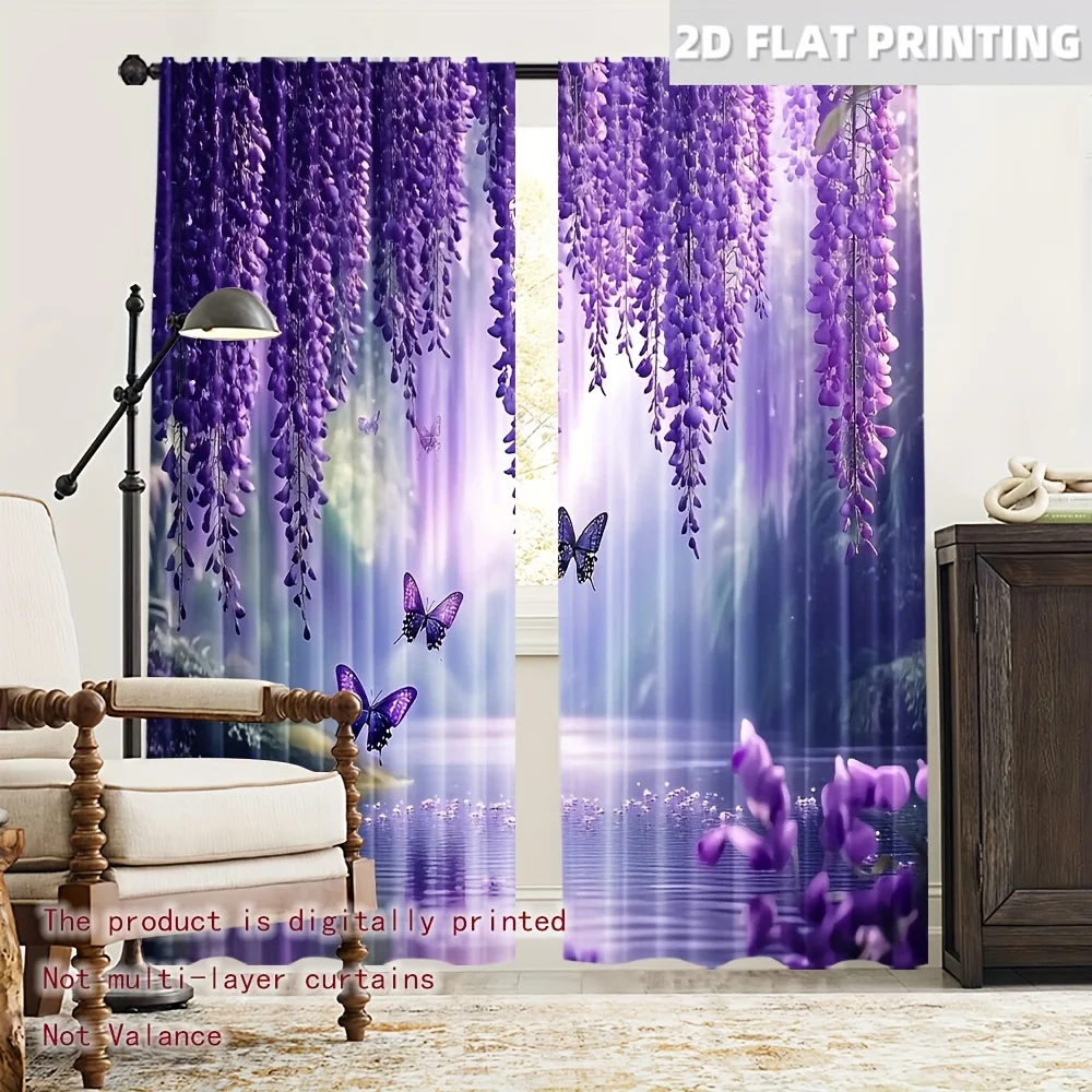 2PCS Digital Printed Curtains, Light Purple Flower Shadow Pattern, Stylish Window Treatment for Living Room Bedroom Decor
