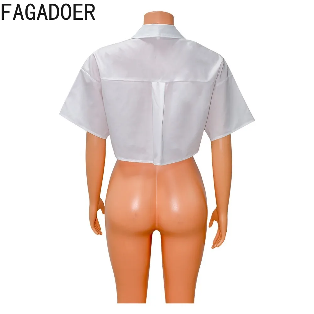 FAGADOER White Casual Solid Irregular Shirts Women Turndown Collar Button Short Sleeve Loose Crop Tops Fashion Female Streetwear