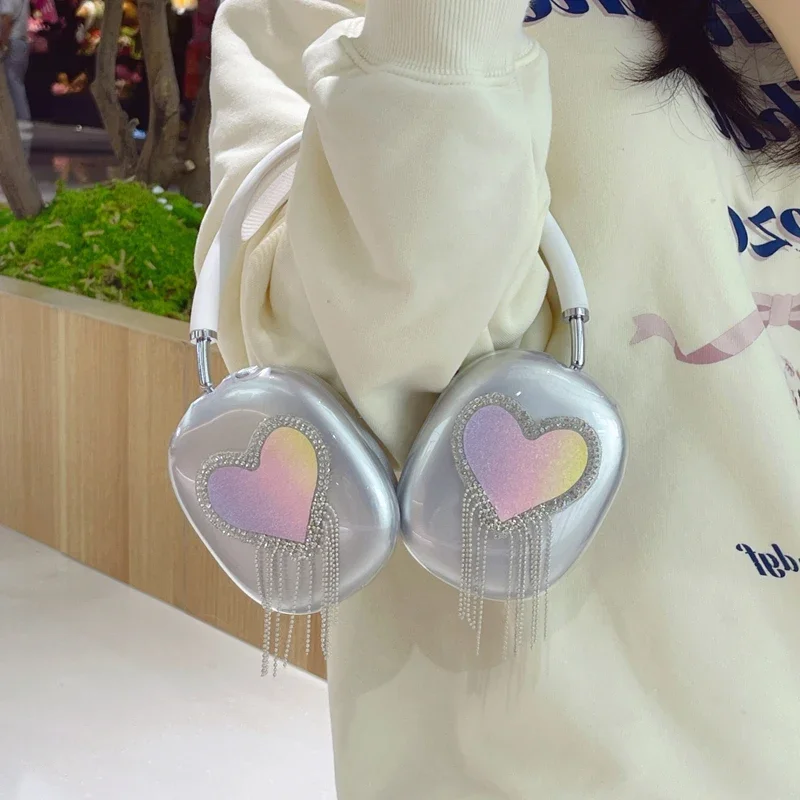 Airpods Max Case Cover Original Design Pink Heart Shining Diamond TPU Earphone Decoration Suitable for Headphone Protector Gifts